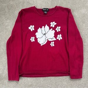 Style & Co. Crimson Sweater with Ivory Floral Pattern